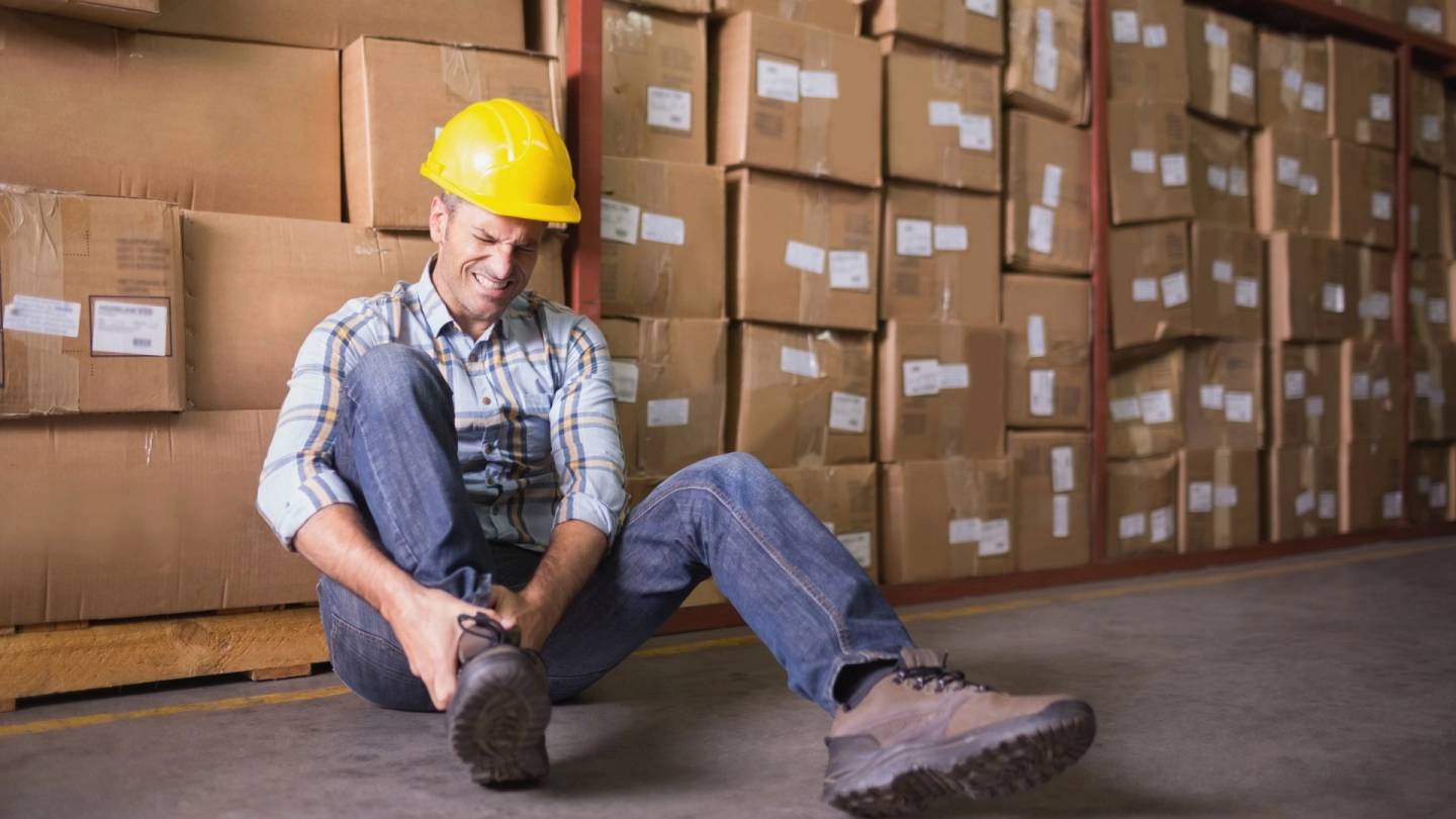 A man wearing a helmet sits in a warehouse, holding his right ankle in pain.