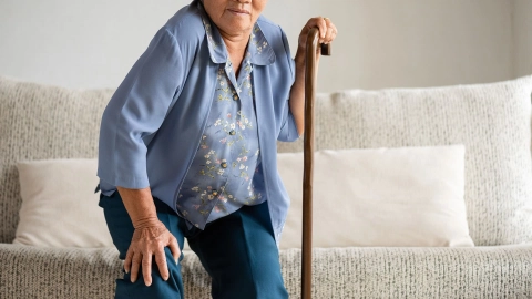 Eine ältere Dame versucht mit einem Gehstock von einem Sofa auzustehen.