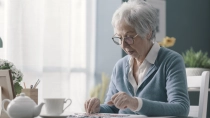 Eine ältere Dame sitzt in einem hellen, gemütlichen Zimmer am Tisch und puzzelt. Vor ihr auf dem Tisch stehen Blumen, ein Bilderrahmen, eine Teekanne und eine Tasse.