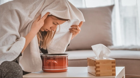 Eine erkältete Frau inhaliert Wasser, um ihre Atemwege zu befreien. Neben ihr auf dem Tisch liegt eine Box mit Taschentücher.