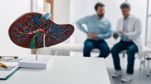 Hepatitis C: Im Vordergrund steht ein Modell der Leber auf einem Tisch. Im Hintergrund sitzen ein Arzt und ein Patient. Der Patient hält sich den rechten Oberbauch in der Lebergegend.
