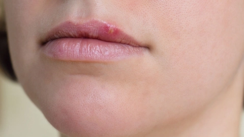 Herpes labialis: Eine junge Frau hat Fieberblasen an ihrer Oberlippe.